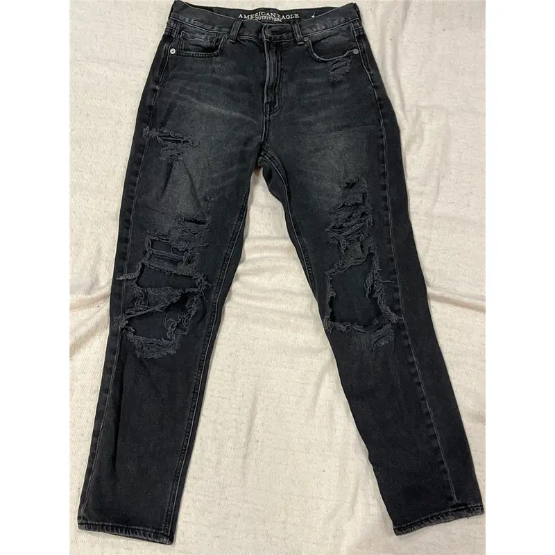Womens American Eagle AE Mom Washed Black Jeans 4R Extreme Distressed Destroyed