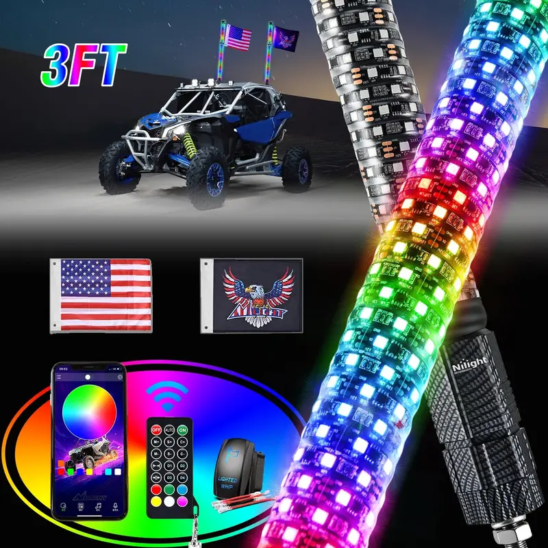 2Pcs 3FT Spiral Antenna Bluetooth Remote App Control Led Fat Whip Light