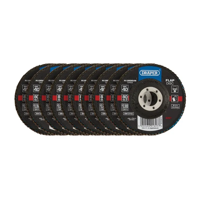 Draper Aluminium Oxide Flap Discs, 115 X 22.23mm, 40 Grit (Pack Of 10) - FDAB115