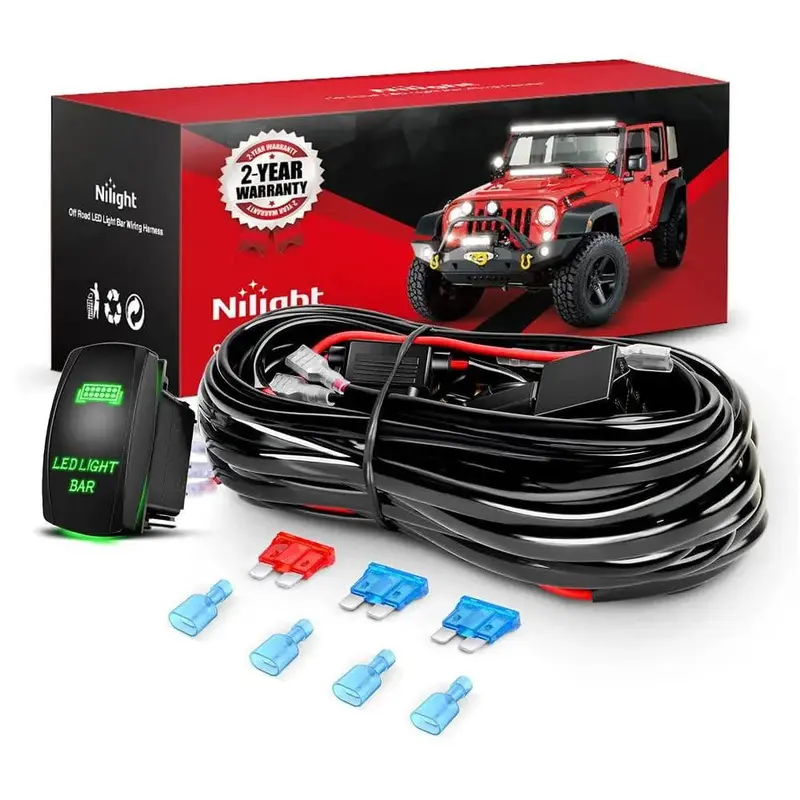 16AWG Wire Harness Kit 2 Leads W/ 12V 5Pin Green Switch | 3 Fuses | 4 Spade Connectors